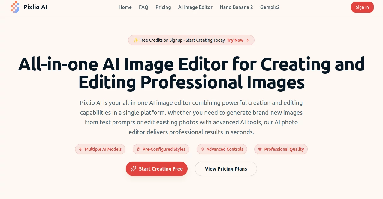 Screenshot of Pixlio AI – An AI tool in the ,Photo & Image Editor ,AI Photo Enhancer ,AI Image to Image ,AI Art Generator  category, showcasing its interface and key features.