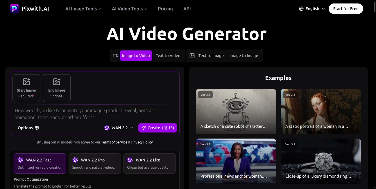 Screenshot of Pixwith.AI – An AI tool in the ,AI Animated Video ,AI Image to Video ,AI Text to Video ,AI Video Generator  category, showcasing its interface and key features.