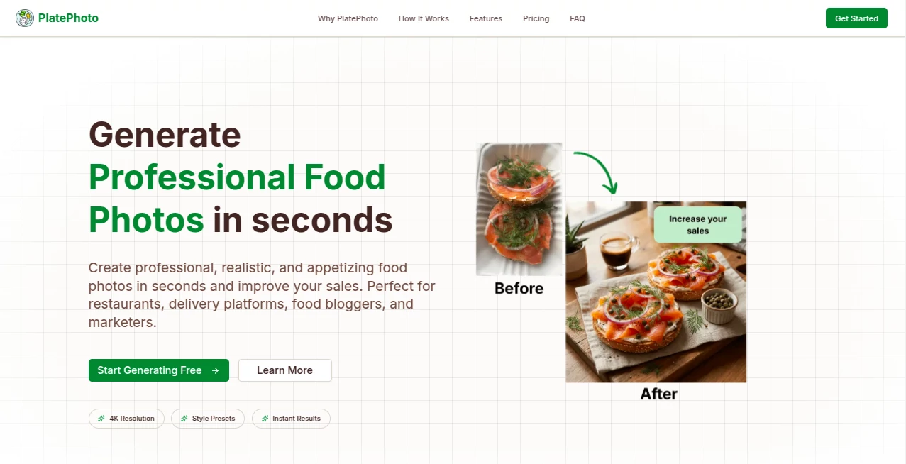 Screenshot of PlatePhoto – An AI tool in the ,Photo & Image Editor ,AI Photo Enhancer ,AI Image to Image ,AI Art Generator  category, showcasing its interface and key features.