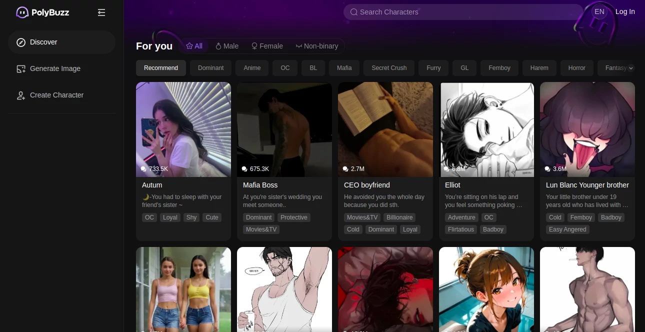 Screenshot of PolyBuzz – An AI tool in the ,AI Character ,AI Art Generator ,AI Text to Speech ,AI Anime Art ,Chatbot ,AI Chatbot  category, showcasing its interface and key features.