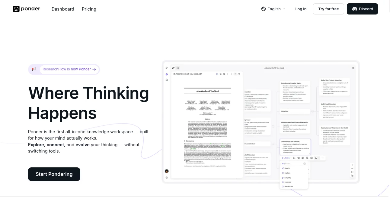 Screenshot of PONDER AI – An AI tool in the ,AI Knowledge Base ,AI Knowledge Management ,AI Notes Assistant ,AI Mind Mapping  category, showcasing its interface and key features.