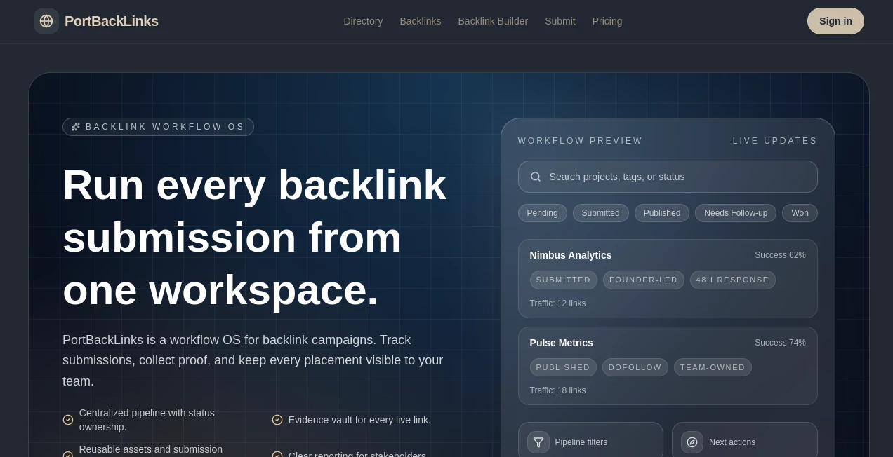 Screenshot of PortBackLinks – An AI tool in the ,AI SEO Assistant ,AI Research Tool ,AI Analytics Assistant  category, showcasing its interface and key features.