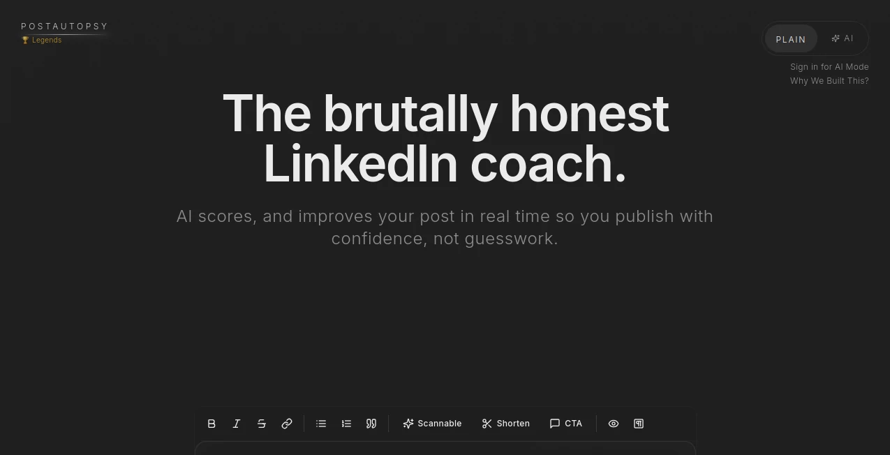 Screenshot of PostAutopsy – An AI tool in the ,AI Writing Assistants ,AI Content Generator ,AI Social Media Assistant ,AI Response Generator  category, showcasing its interface and key features.