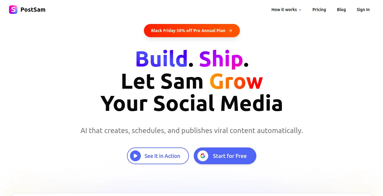 Screenshot of PostSam – An AI tool in the ,AI Content Generator ,AI Social Media Assistant ,AI Repurpose Assistant ,AI Scheduling  category, showcasing its interface and key features.