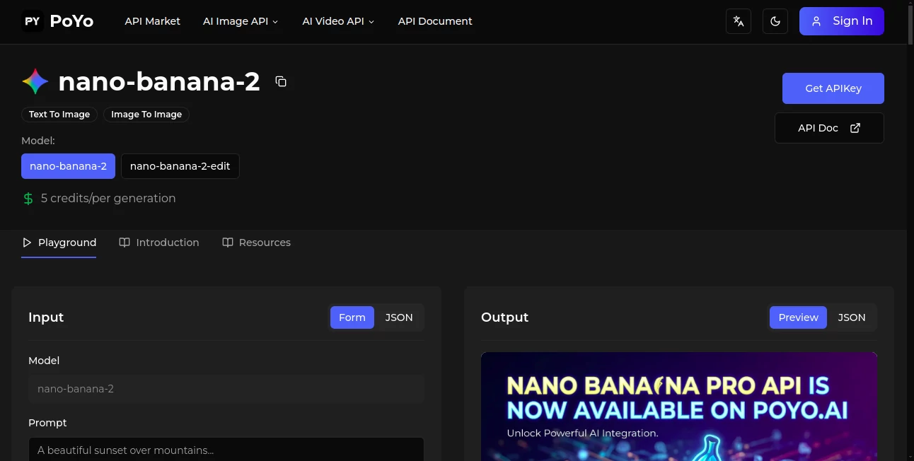 Screenshot of PoYo AI - Nano Banana 2 API – An AI tool in the ,AI Text to Image ,AI Photo & Image Generator ,AI Art Generator ,AI Design Generator  category, showcasing its interface and key features.