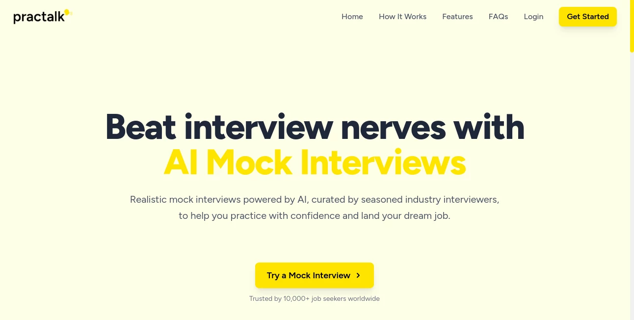 Screenshot of PracTalk – An AI tool in the ,AI Interview Assistant ,AI Homework Helper ,AI Coaching ,AI Education Assistant  category, showcasing its interface and key features.
