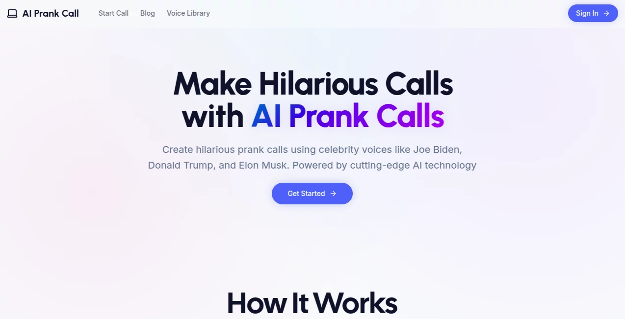 Screenshot of AI Prank Call – An AI tool in the ,AI Voice Changer ,AI Voice Cloning ,AI Celebrity Voice Generator ,AI Fun Tools  category, showcasing its interface and key features.