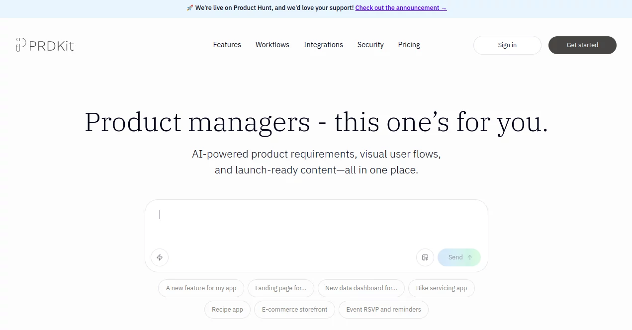 Screenshot of PRDKit – An AI tool in the ,AI SEO Assistant ,AI Content Generator ,AI E-commerce Assistant ,AI Product Description Generator  category, showcasing its interface and key features.