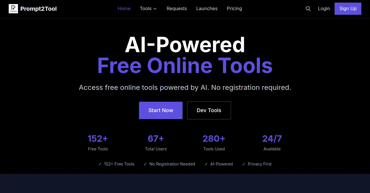 Screenshot of Prompt2Tool – An AI tool in the ,AI Tools Directory  category, showcasing its interface and key features.