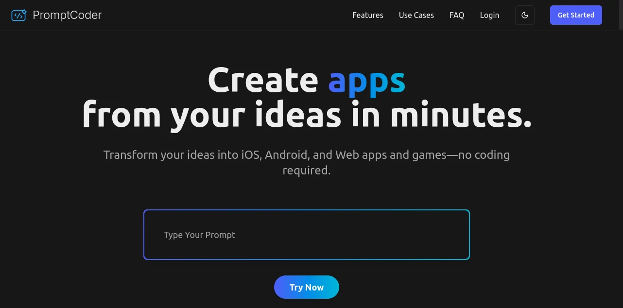 Screenshot of PromptCoder – An AI tool in the ,AI App Builder ,AI No-Code & Low-Code ,AI Code Generator  category, showcasing its interface and key features.