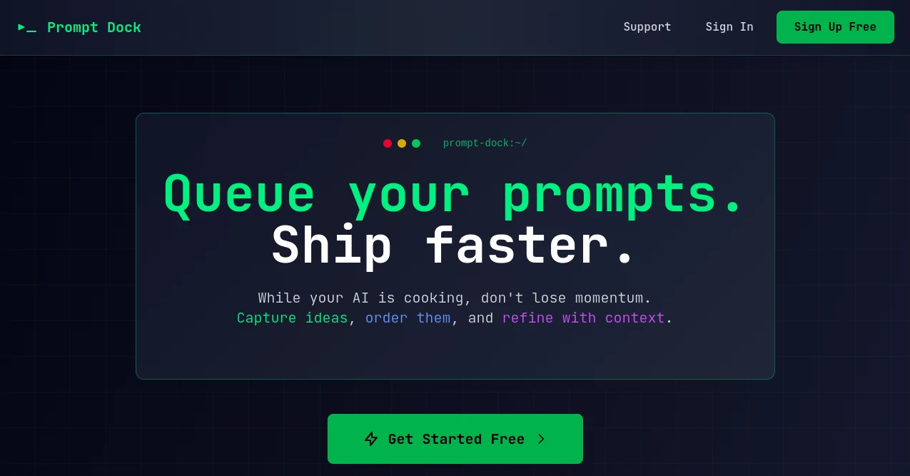 Screenshot of PromptDock – An AI tool in the ,AI Code Assistant ,AI Code Explanation ,AI Developer Tools ,Large Language Models (LLMs)  category, showcasing its interface and key features.