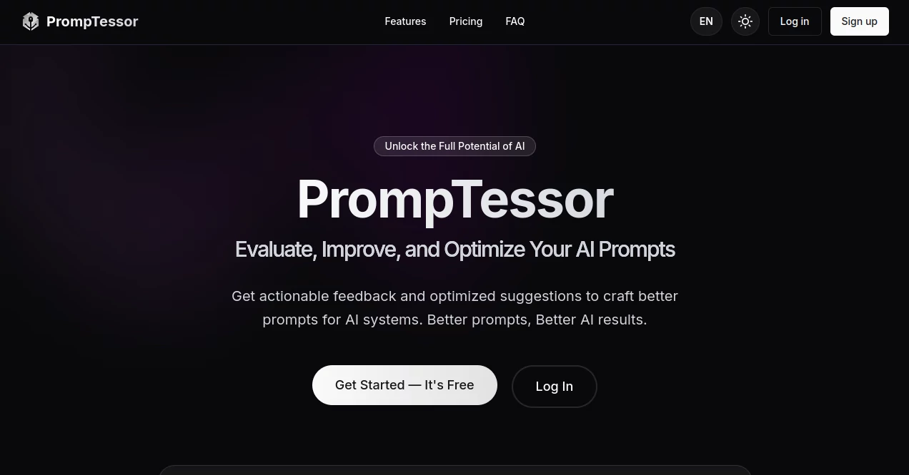 Screenshot of PrompTessor – An AI tool in the ,Large Language Models (LLMs) ,Prompt ,AI Research Tool ,AI Creative Writing ,AI Content Generator  category, showcasing its interface and key features.