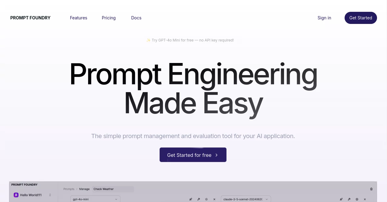Screenshot of PromptFoundry – An AI tool in the ,AI Testing & QA ,AI Developer Tools ,Prompt ,Large Language Models (LLMs)  category, showcasing its interface and key features.