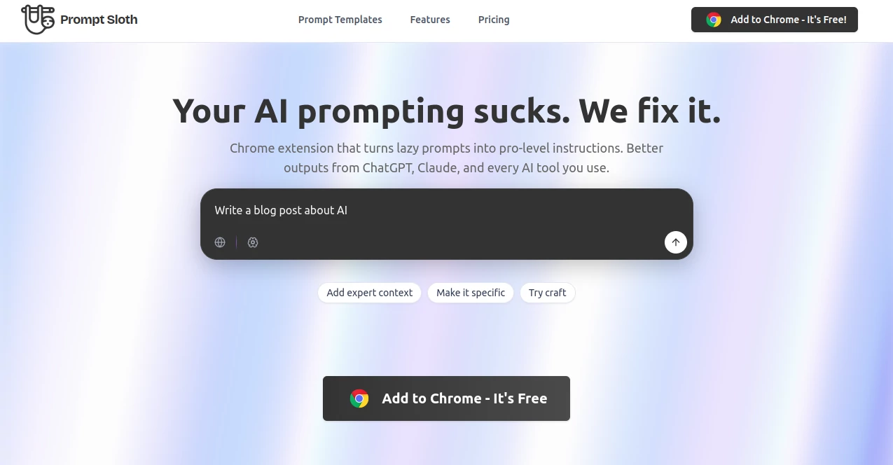 Screenshot of Prompt Sloth – An AI tool in the ,AI Content Generator ,Large Language Models (LLMs) ,Prompt ,AI Writing Assistants  category, showcasing its interface and key features.