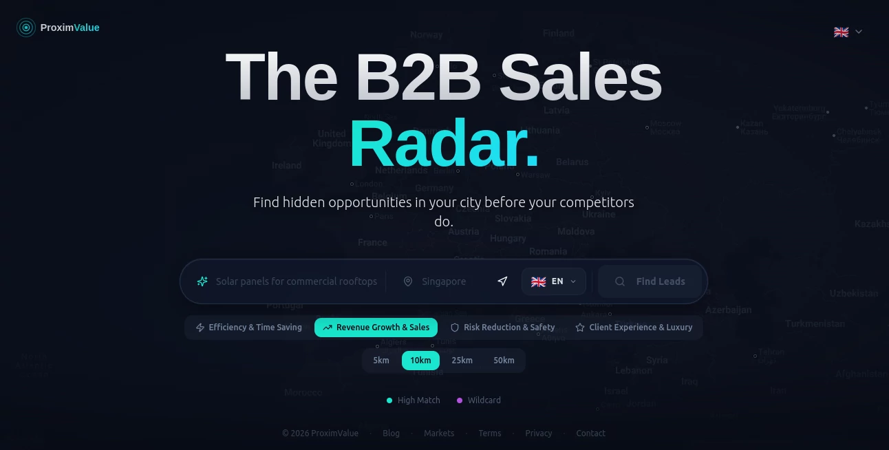 Screenshot of Proxim Value – An AI tool in the ,AI Sales Assistant ,AI Analytics Assistant ,AI Marketing Plan Generator ,AI Lead Generation  category, showcasing its interface and key features.