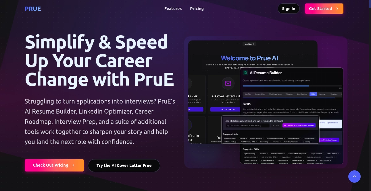 Screenshot of PruE.ai – An AI tool in the ,AI Interview Assistant ,AI Resume Builder ,AI Cover Letter Generator ,AI Coaching  category, showcasing its interface and key features.