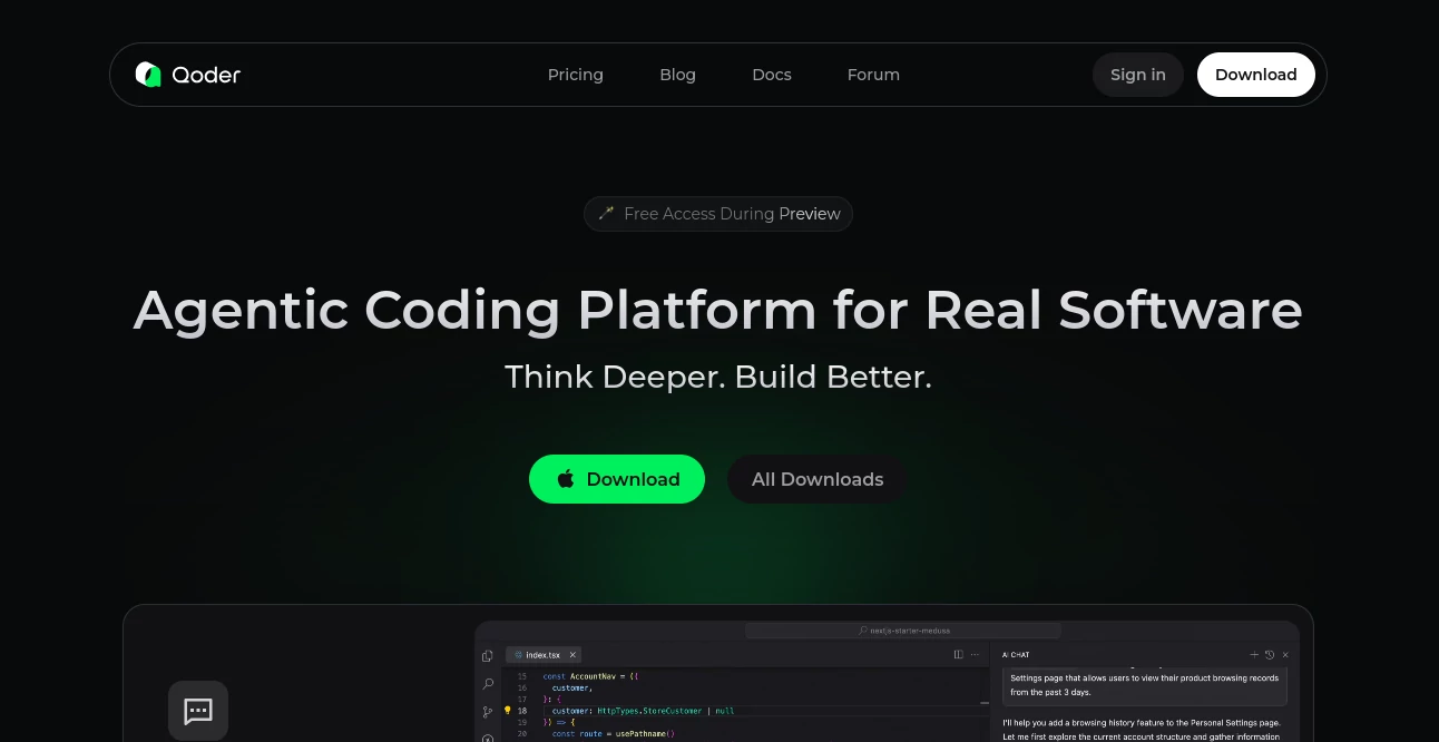 Screenshot of Qoder – An AI tool in the ,AI Code Assistant ,AI Developer Tools  category, showcasing its interface and key features.