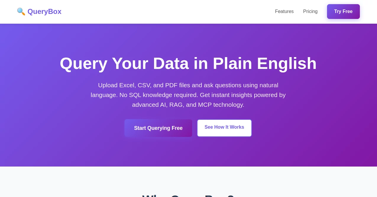 Screenshot of QueryBox – An AI tool in the ,AI Data Mining ,AI SQL Query Builder ,AI Spreadsheet ,AI Documents Assistant  category, showcasing its interface and key features.