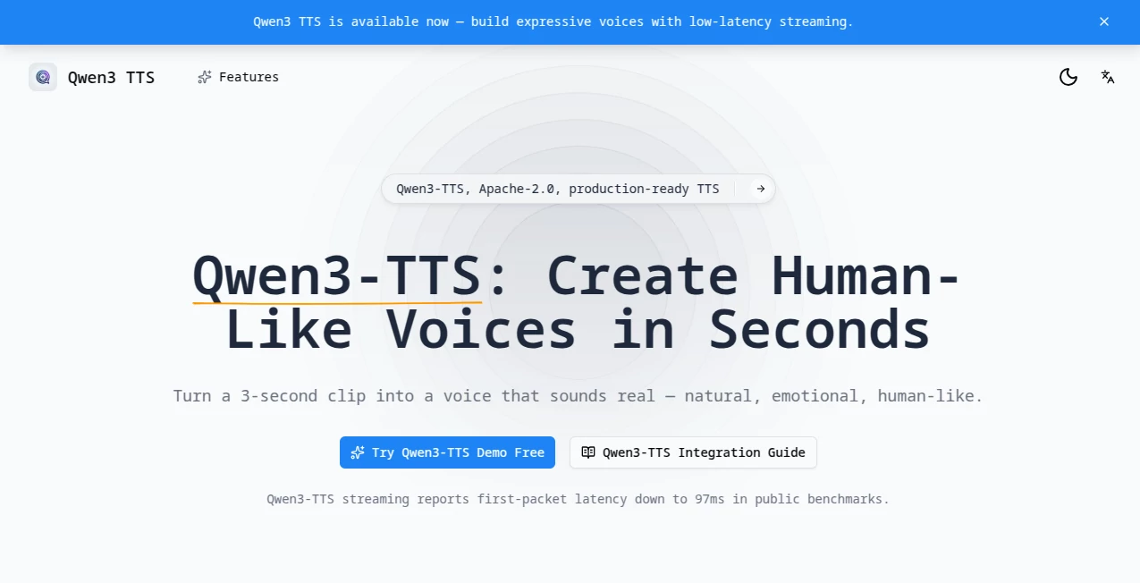 Screenshot of Qwen3 TTS – An AI tool in the ,AI Voice Cloning ,AI Text to Speech ,AI Speech Synthesis ,AI Voice & Audio Editing  category, showcasing its interface and key features.