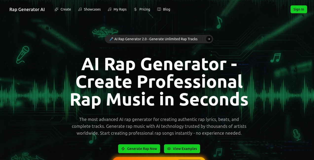 Screenshot of AI Rap Generator – An AI tool in the ,AI Lyrics Generator ,AI Music Generator ,AI Text to Music ,AI Singing Generator  category, showcasing its interface and key features.
