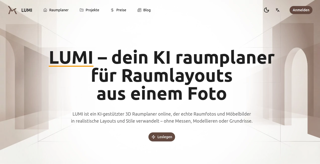 Screenshot of LUMI Raumplaner – An AI tool in the ,AI Image to Image ,AI Art Generator ,AI Design Generator ,AI Interior & Room Design  category, showcasing its interface and key features.
