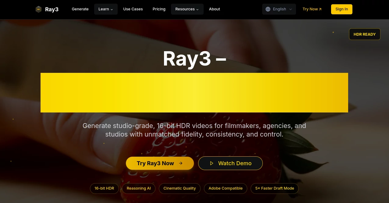 Screenshot of Ray3 – An AI tool in the ,AI Animated Video ,AI Video Editor ,AI Video Enhancer ,AI Video Generator  category, showcasing its interface and key features.