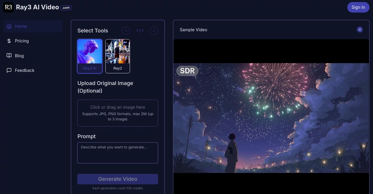 Screenshot of Ray3 AI Video – An AI tool in the ,AI Animated Video ,AI Video Editor ,AI Video Enhancer ,AI Video Generator  category, showcasing its interface and key features.