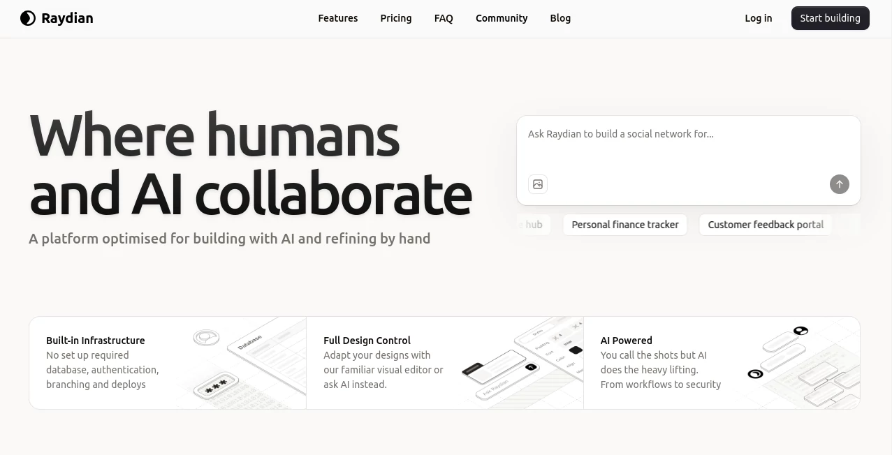 Screenshot of Raydian – An AI tool in the ,AI Website Builder ,AI Code Assistant ,AI Developer Tools ,AI Design Assistant  category, showcasing its interface and key features.