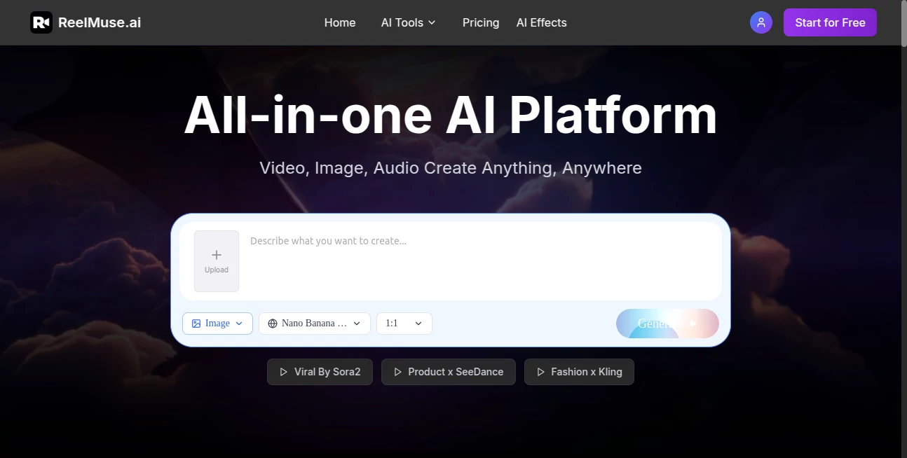 Screenshot of ReelMuse.ai – An AI tool in the ,AI Image to Video ,AI Text to Video ,AI Video Generator ,AI Music Generator  category, showcasing its interface and key features.