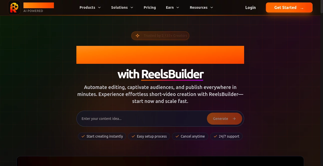 Screenshot of ReelsBuilder AI – An AI tool in the ,AI Video Generator  category, showcasing its interface and key features.