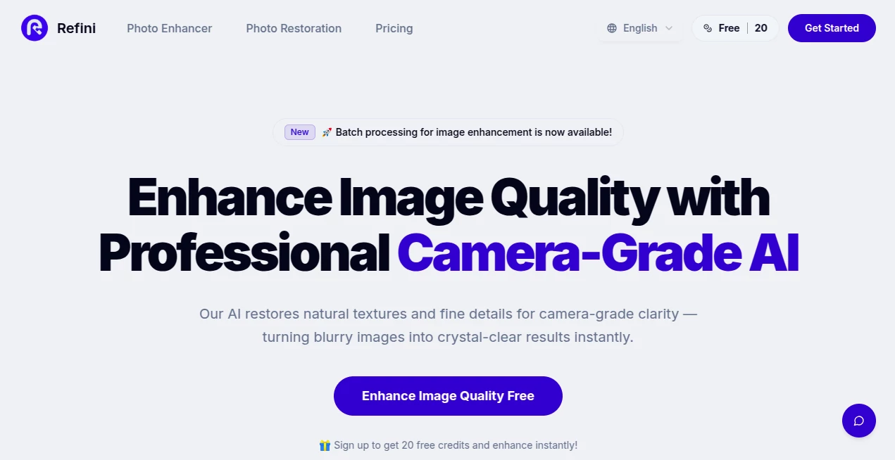 Screenshot of Refini AI – An AI tool in the ,Photo & Image Editor ,AI Photo Enhancer ,AI Photo Restoration ,AI Image to Image  category, showcasing its interface and key features.