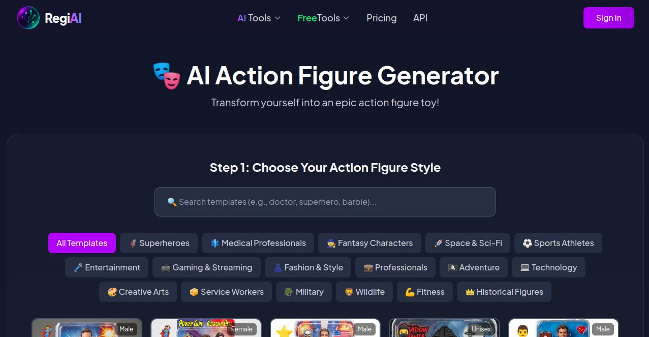 Screenshot of AI Action Figure Generator – An AI tool in the ,AI Photo & Image Generator ,AI Avatar Generator ,AI 3D Model Generator ,AI Image to 3D Model  category, showcasing its interface and key features.