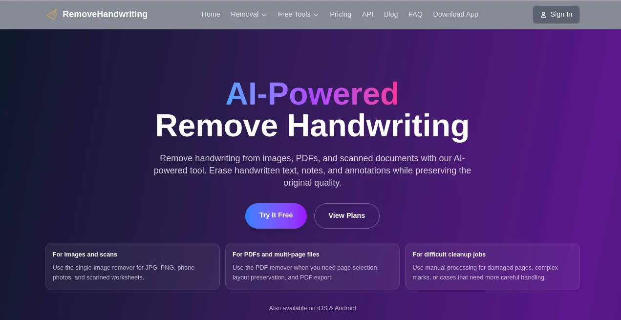 Screenshot of Remove Handwriting – An AI tool in the ,AI Document Extraction ,Photo & Image Editor ,AI Documents Assistant ,AI Image to Image  category, showcasing its interface and key features.