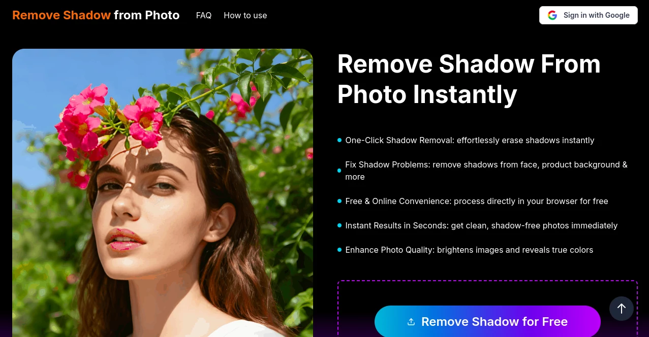 Screenshot of Remove Shadow from Photo – An AI tool in the ,Photo & Image Editor ,AI Photo Enhancer ,AI Background Remover ,AI Image to Image  category, showcasing its interface and key features.