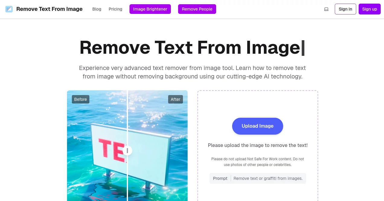 Screenshot of Remove text from image – An AI tool in the ,AI Background Remover ,Photo & Image Editor ,AI Image to Image ,AI Image Segmentation  category, showcasing its interface and key features.