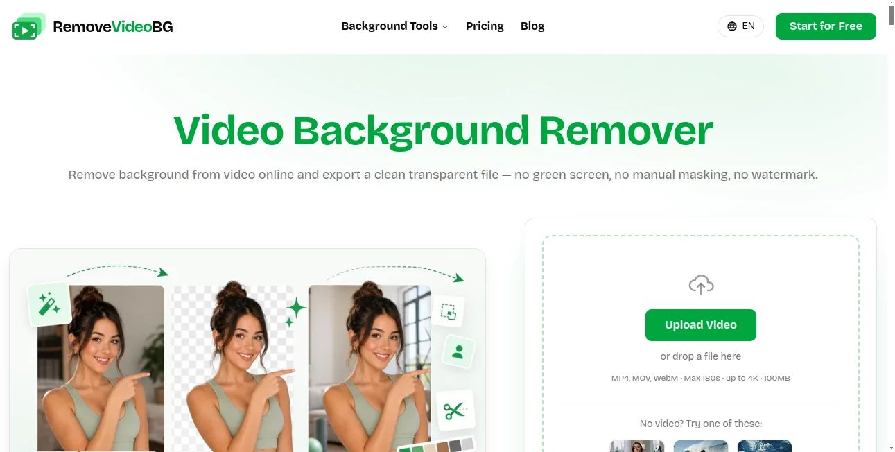Screenshot of RemoveVideoBG – An AI tool in the ,AI Background Remover ,AI Video Editor ,AI Video Enhancer ,Video  category, showcasing its interface and key features.