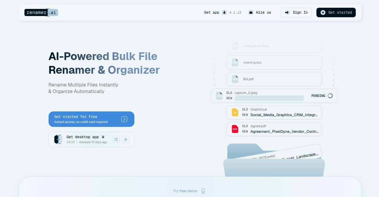 Screenshot of renamer.ai – An AI tool in the ,AI Productivity Tools ,AI Document Extraction ,AI Documents Assistant ,AI Files Assistant  category, showcasing its interface and key features.