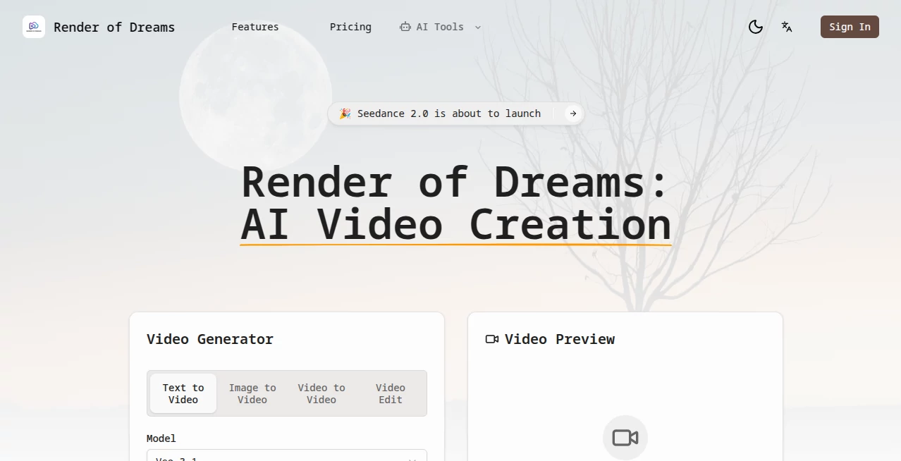 Screenshot of Render of Dreams – An AI tool in the ,AI Animated Video ,AI Image to Video ,AI Text to Video ,AI Video Generator  category, showcasing its interface and key features.