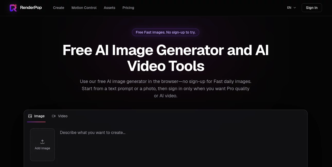 Screenshot of renderpop – An AI tool in the ,AI Photo & Image Generator ,AI Image to Video ,AI Video Generator ,AI Text to Image  category, showcasing its interface and key features.