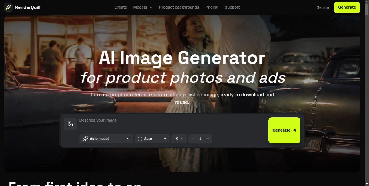 Screenshot of RenderQuill – An AI tool in the ,AI Photo & Image Generator ,Photo & Image Editor ,AI Design Generator ,AI Image to Image  category, showcasing its interface and key features.