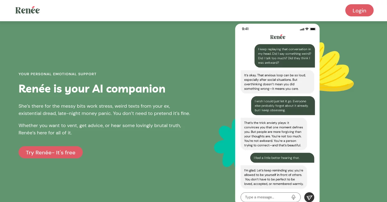 Screenshot of Renée – An AI tool in the ,AI Chatbot ,AI Life Assistant ,AI Mental Health ,AI Coaching  category, showcasing its interface and key features.