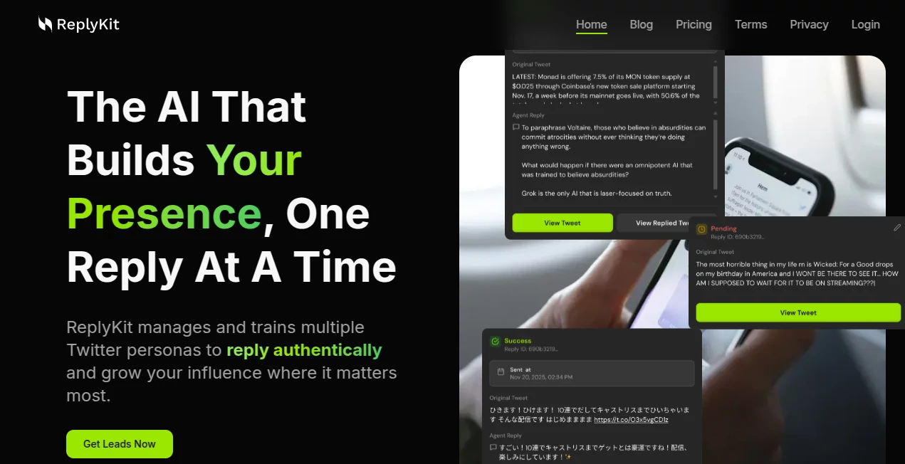 Screenshot of ReplyKit – An AI tool in the ,AI Twitter Assistant ,AI Reply Assistant ,AI Social Media Assistant ,AI Lead Generation  category, showcasing its interface and key features.