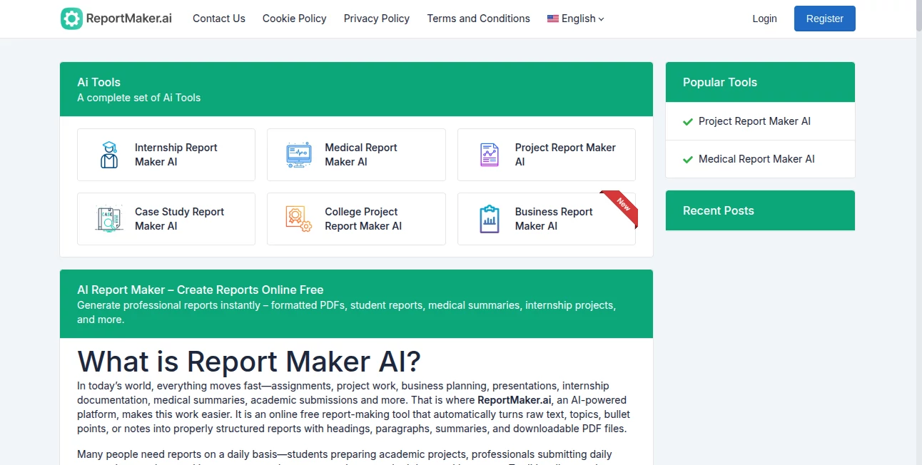 Screenshot of ReportMaker.ai – An AI tool in the ,AI Documents Assistant ,AI Content Generator ,AI Report Writing ,AI General Writing  category, showcasing its interface and key features.