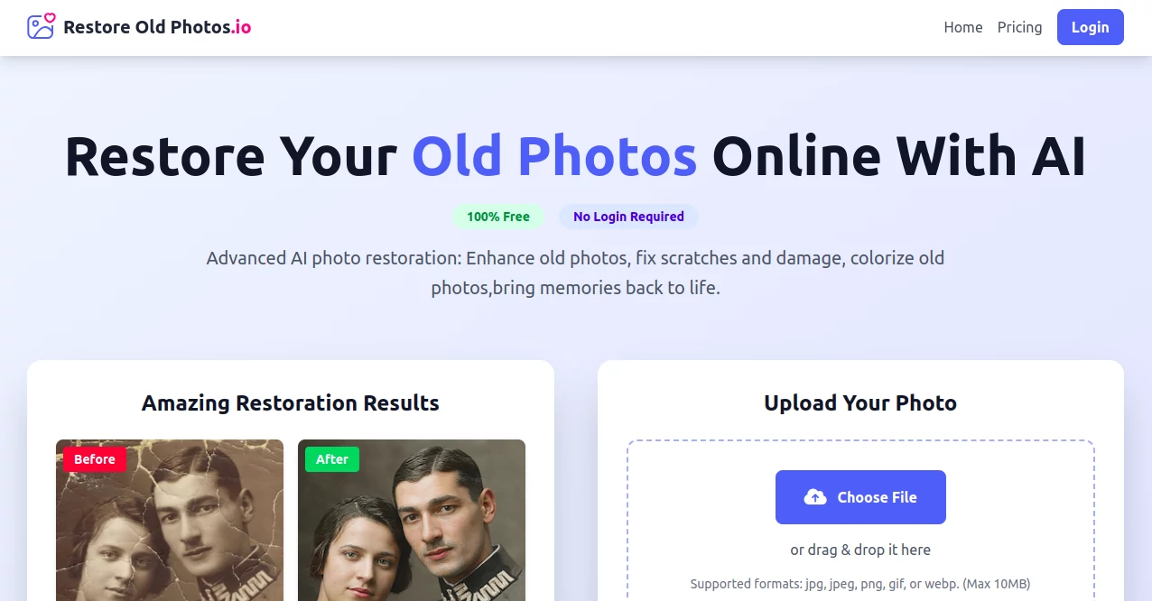 Screenshot of Restore Old Photos – An AI tool in the ,Photo & Image Editor ,AI Photo Enhancer ,AI Photo Restoration ,AI Colorize  category, showcasing its interface and key features.