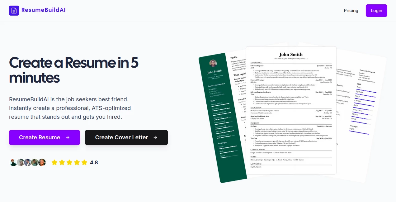 Screenshot of ResumeBuildAI – An AI tool in the ,AI Interview Assistant ,AI Recruiting ,AI Resume Builder ,AI Cover Letter Generator  category, showcasing its interface and key features.