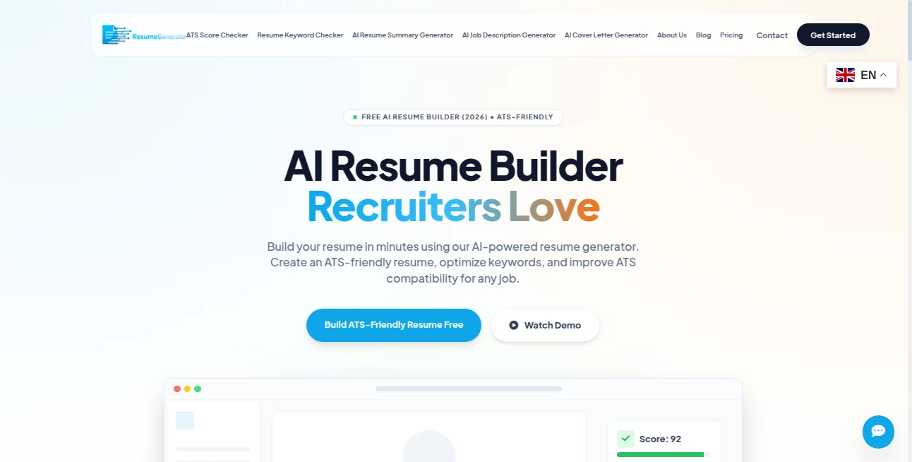 Screenshot of ResumeGenerate – An AI tool in the ,AI General Writing ,AI Content Generator ,AI Resume Builder ,AI Cover Letter Generator  category, showcasing its interface and key features.