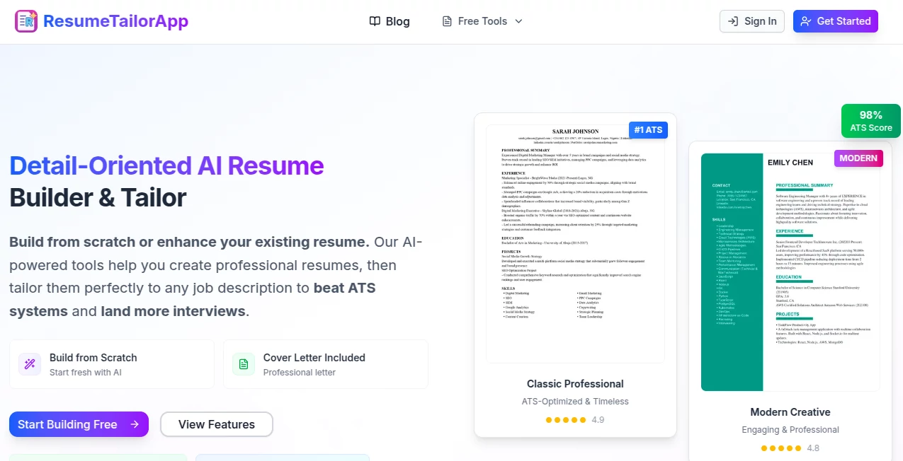 Screenshot of ResumeTailorApp – An AI tool in the ,AI Writing Assistants ,AI Recruiting ,AI Resume Builder ,AI Cover Letter Generator  category, showcasing its interface and key features.