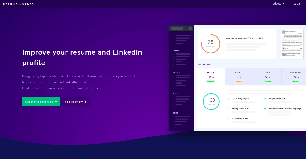 Screenshot of Resume Worded – An AI tool in the ,AI Recruiting ,AI Product Description Generator ,AI Resume Builder  category, showcasing its interface and key features.