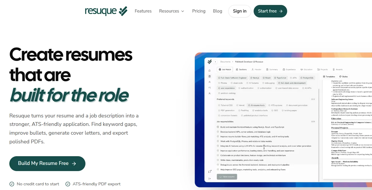 Screenshot of Resuque – An AI tool in the ,AI Writing Assistants ,AI Recruiting ,AI Resume Builder ,AI Cover Letter Generator  category, showcasing its interface and key features.