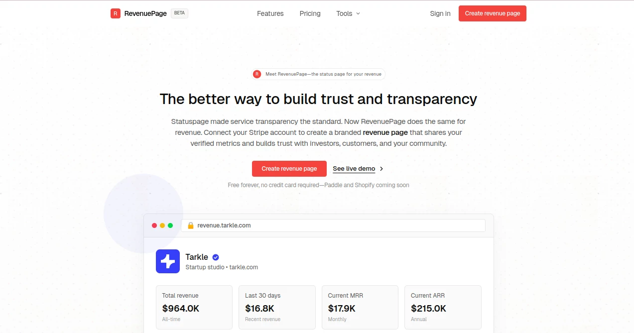 Screenshot of RevenuePage – An AI tool in the ,AI Landing Page Builder ,AI Analytics Assistant ,AI SEO Assistant ,AI Marketing Plan Generator  category, showcasing its interface and key features.